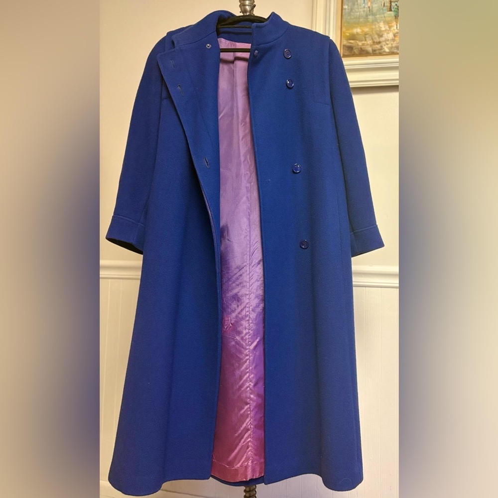 Vintage Royal Blue Wool Trench Overcoat Evening Coat with Purple Lining SzS/M
